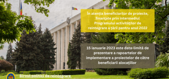 15 ianuarie 2023 – termenul limită de prezentare a rapoartelor de implementare a proiectelor de către beneficiarii alocațiilor pentru activitățile de reintegrare a țării pentru anul 2022
