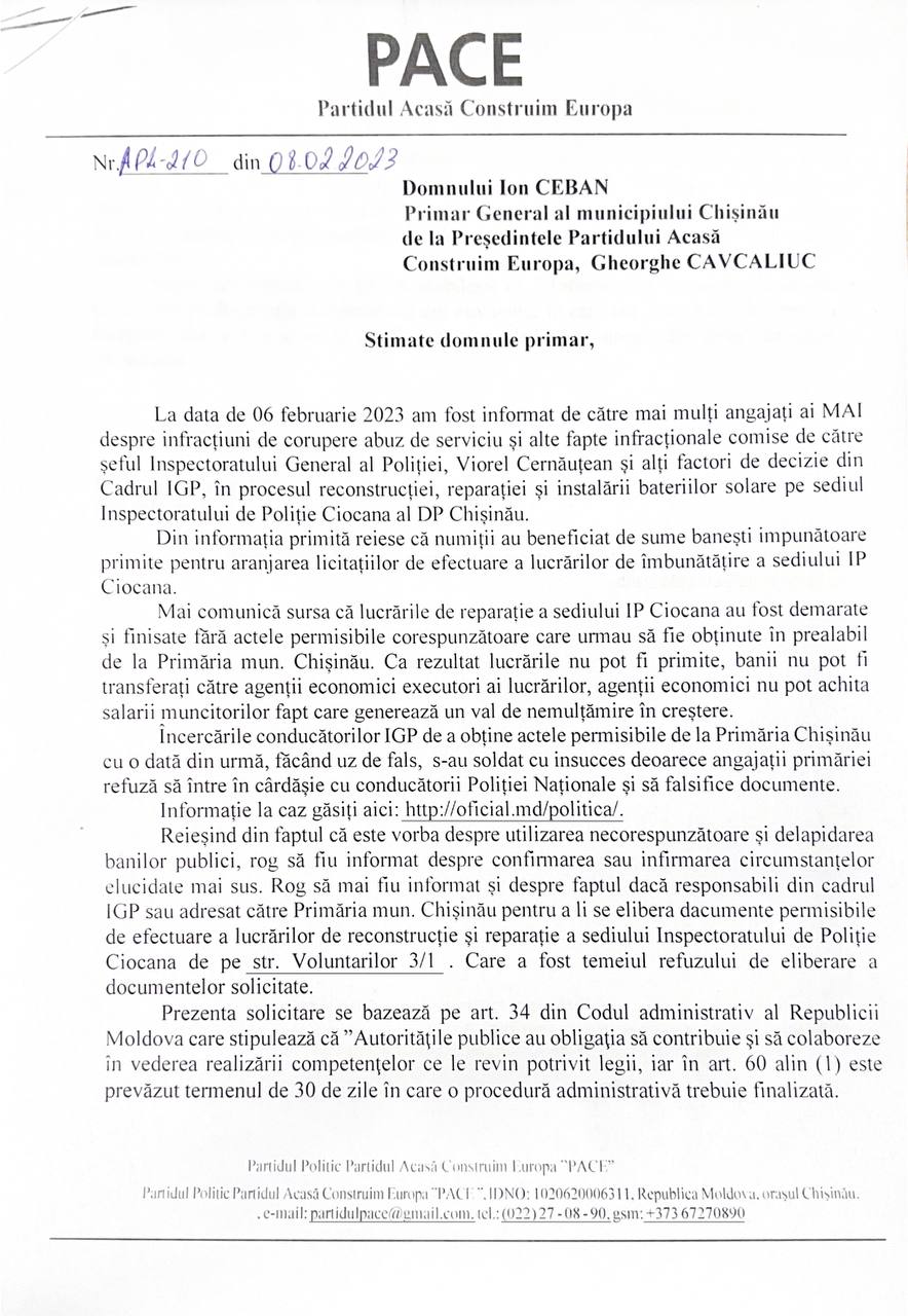 (DOC) Președintele PACE a adresat demersuri către mai multe instituții: „Să facem lumină pe cazul de licitații trucate”