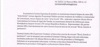 (DOC) Avia Invest solicită Comisiei Pre-Vetting informații despre Andrei Bivol și evaluarea Alionei Miron 