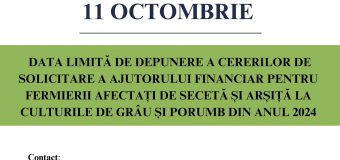 11 octombrie – termenul limită de recepționare a cererilor privind alocalrea mijloacelor financiare pentru fermierii afectați de secetă