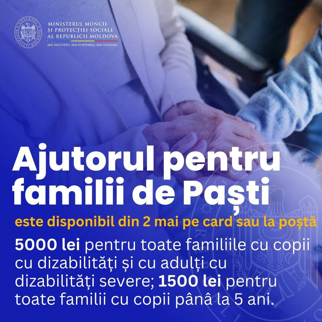Plățile unice acordate în cadrul pachetului „Ajutor pentru familii de Paști” sunt disponibile de astăzi