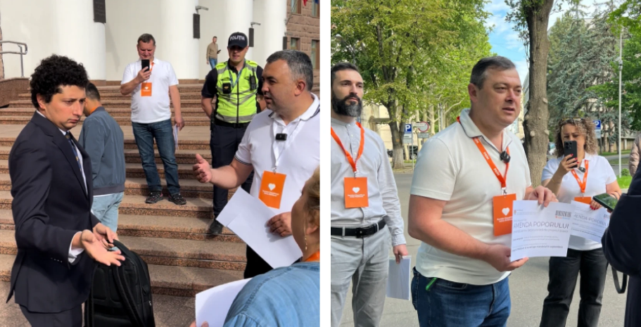 Activiștii Partidului Republican „Inima Moldovei” au întâmpinat deputații PAS în fața Parlamentului cu „amenzi populare”