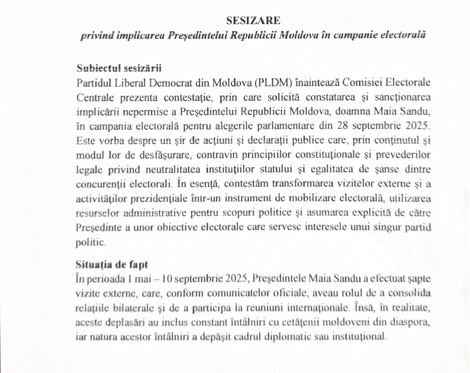 PLDM a sesizat CEC privind implicarea președintelui Republicii Moldova în campania electorală