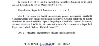 Maia Sandu a conferit „Ordinul Onoarei” viceministrei pentru afaceri europene a Republicii Cipru